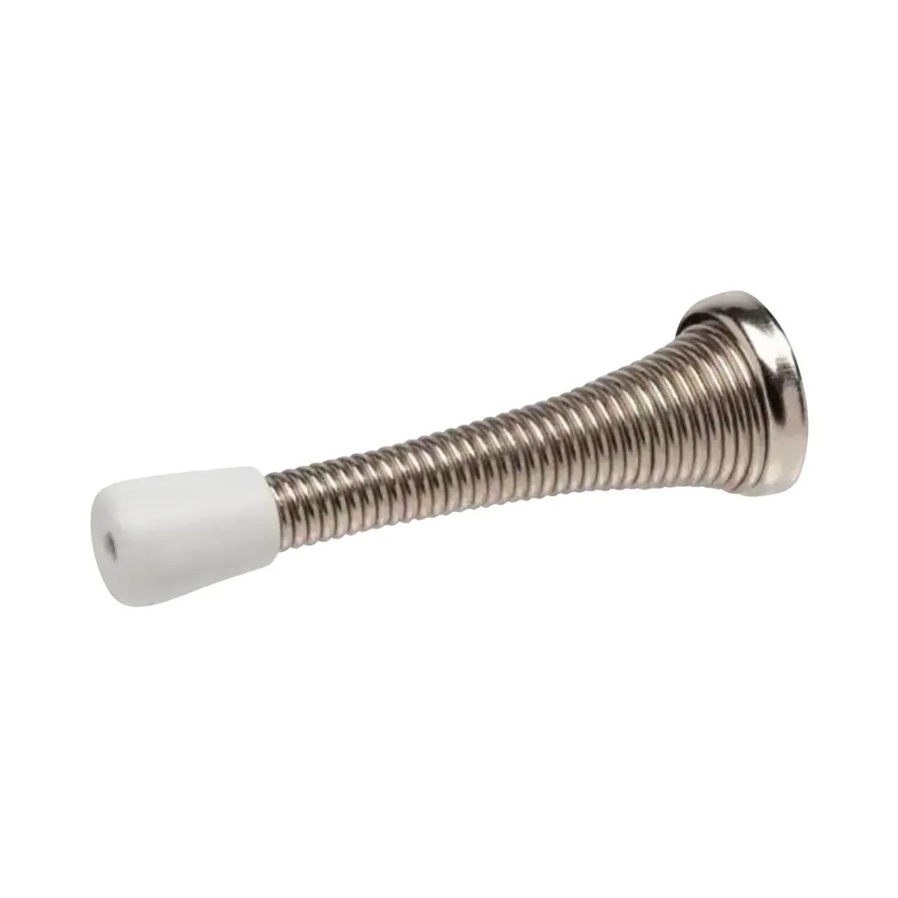 The Go Build 3 in. Spring Door Stop - Chrome Plated features a coiled spring body and white rubber tip, ideal for mounting on baseboards or walls to prevent door damage.